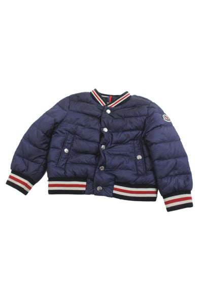 Moncler Boys Button Front Striped Trim Down Quilted Jacket Navy White Red 12-18M