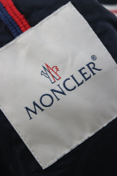 Moncler Boys Button Front Striped Trim Down Quilted Jacket Navy White Red 12-18M