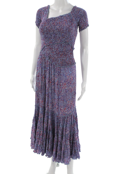 Poupette St. Barth Women Maxi Dress Blue Square Neck Short Sleeve Size XS