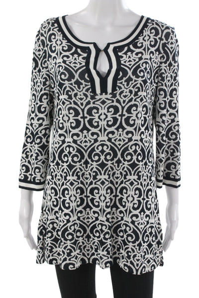 St. John Sport Women Geometric Black Viscose Tunic Blouse 3/4 Sleeve Size L