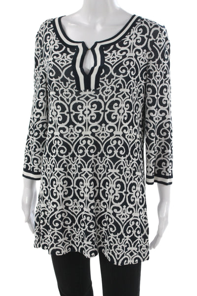 St. John Sport Women Geometric Black Viscose Tunic Blouse 3/4 Sleeve Size L