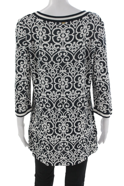 St. John Sport Women Geometric Black Viscose Tunic Blouse 3/4 Sleeve Size L