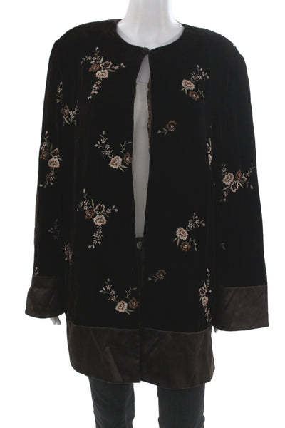 Dana Buchman Womens Black Floral Velvet Button Front Coat Bohemian Size 14