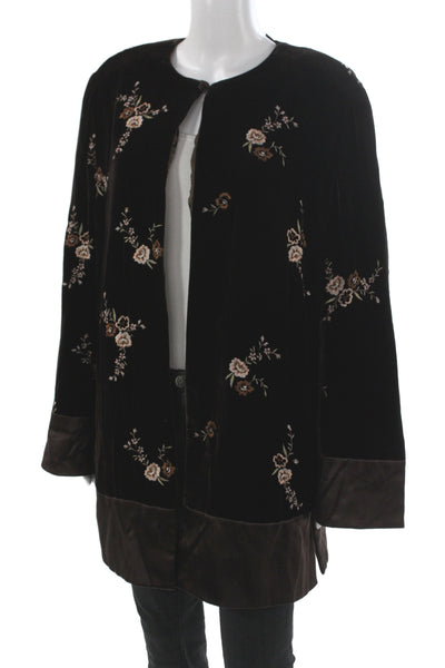 Dana Buchman Womens Black Floral Velvet Button Front Coat Bohemian Size 14