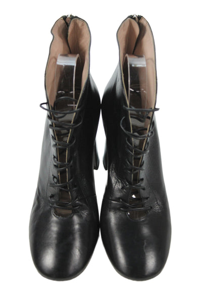 Miu Miu Women's Leather Laced up Block Ankle Boots Black Size 38.5