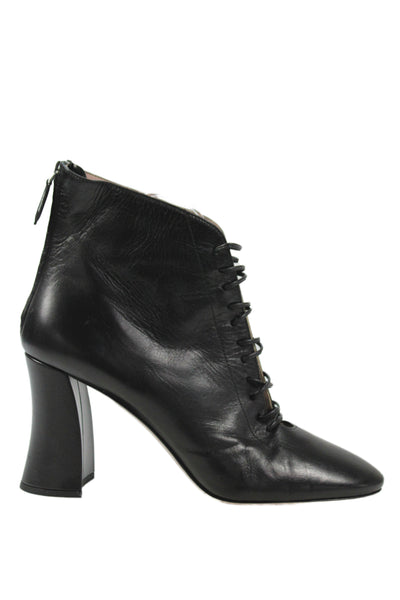 Miu Miu Women's Leather Laced up Block Ankle Boots Black Size 38.5
