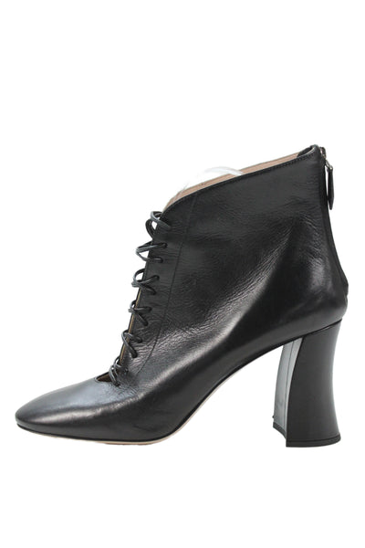 Miu Miu Women's Leather Laced up Block Ankle Boots Black Size 38.5