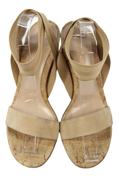 Gianvito Rossi Womens Suede  Open Toe Cork Wedge Sandal  Beige  Size 9