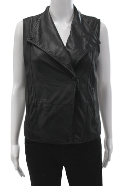 Vince Womens Biker Leather Motorcycle Vest Black Collared Button Size XS