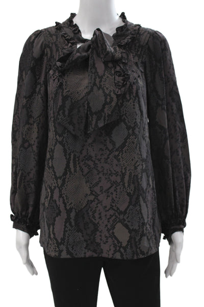 Rebecca Taylor Women Black Silk High Neck Snake Print Long Sleeve Blouse Size 4