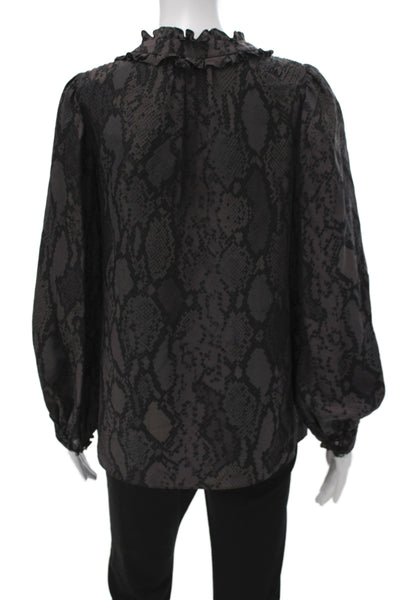 Rebecca Taylor Women Black Silk High Neck Snake Print Long Sleeve Blouse Size 4