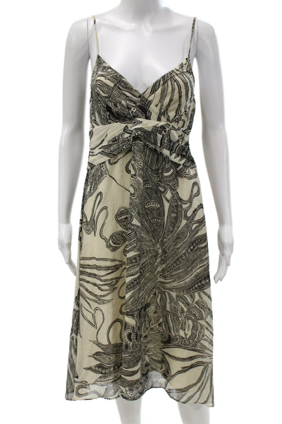 Theory Womens Silk Beige Graphic Slip Dress V Neck Sleeveless Zip Size 6