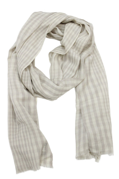 Eskandar Womens Cashmere Knit Fringe Trim Plaid Scarf White Gray 88"x26"