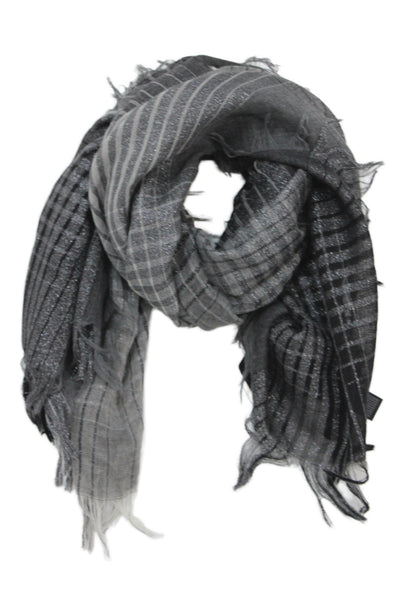 Eileen Fisher Womens Wool Metallic Knit Fringe Plaid Scarf Black Gray 100"x54"