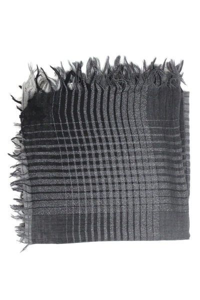 Eileen Fisher Womens Wool Metallic Knit Fringe Plaid Scarf Black Gray 100"x54"