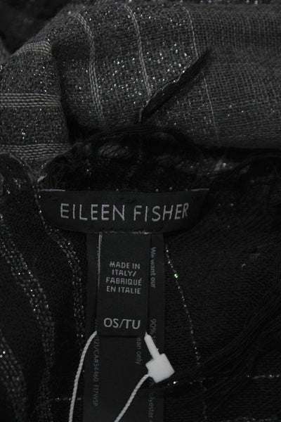 Eileen Fisher Womens Wool Metallic Knit Fringe Plaid Scarf Black Gray 100"x54"