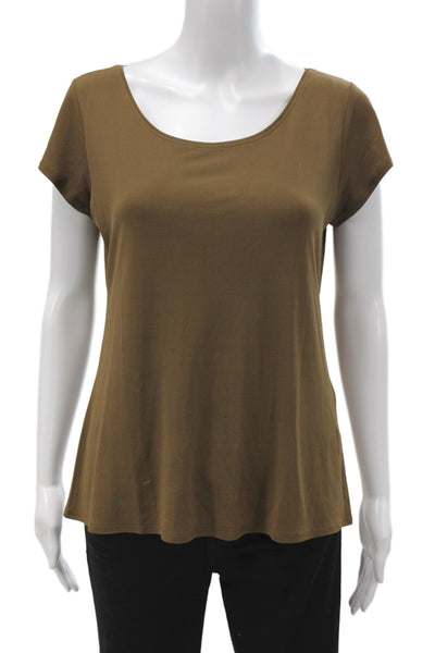 Eileen Fisher Womens Brown Short Sleeve Basic Round Neck T-Shirt Size M