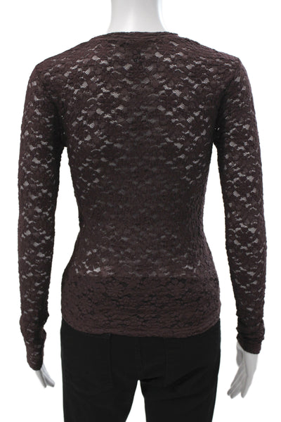Aqua Women Floral Gothic Crew Neck Long Sleeve Top Brown Size S