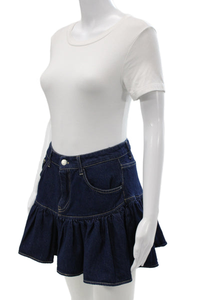 Zara Women Mini Flare Skirt Dark Blue Cotton Short Size M