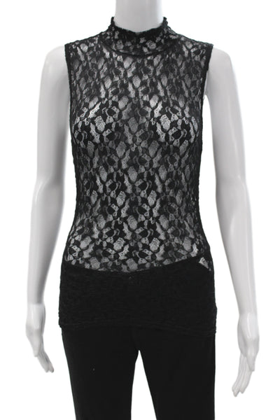 Frame Women Mock Neck Sleeveless Floral Cotton Linen Tank Black Petite Size S