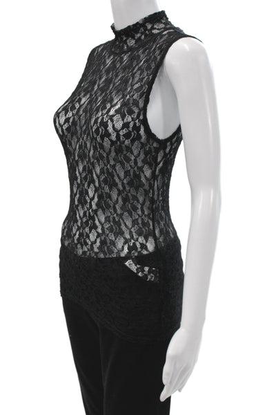 Frame Women Mock Neck Sleeveless Floral Cotton Linen Tank Black Petite Size S