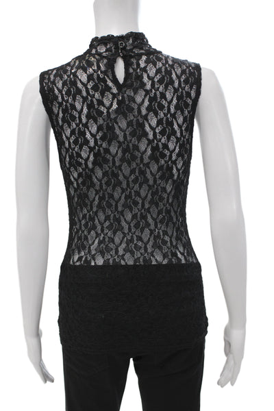 Frame Women Mock Neck Sleeveless Floral Cotton Linen Tank Black Petite Size S