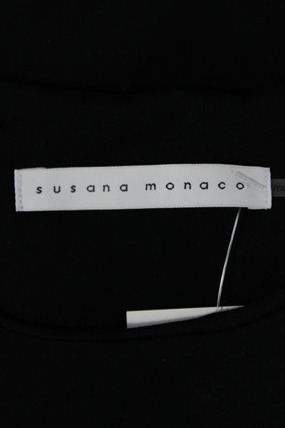 Susana Monaco Women Basic Long Sleeve Cotton Round Neck Top Black Size S