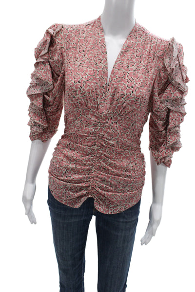 Isabel Marant Womens Pink Floral V-Neck 3/4 Sleeve Zip Blouse Silk Size 38