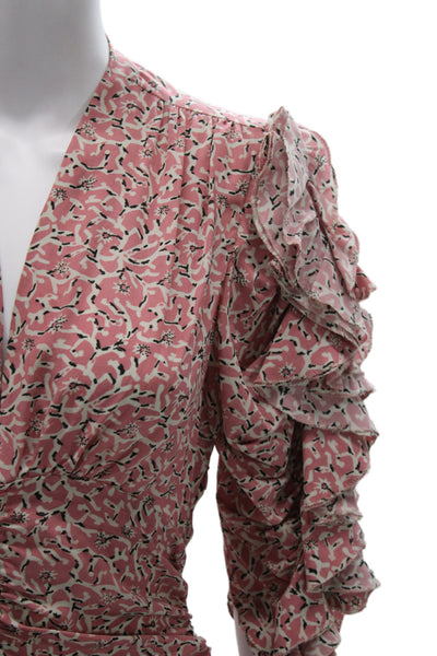 Isabel Marant Womens Pink Floral V-Neck 3/4 Sleeve Zip Blouse Silk Size 38