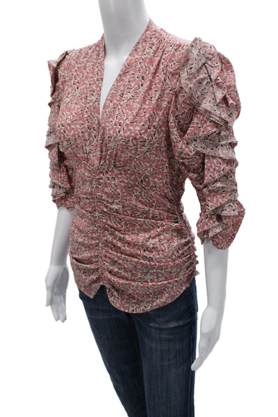 Isabel Marant Womens Pink Floral V-Neck 3/4 Sleeve Zip Blouse Silk Size 38