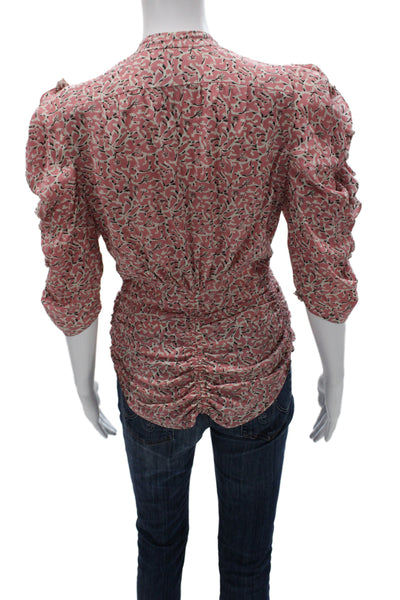 Isabel Marant Womens Pink Floral V-Neck 3/4 Sleeve Zip Blouse Silk Size 38