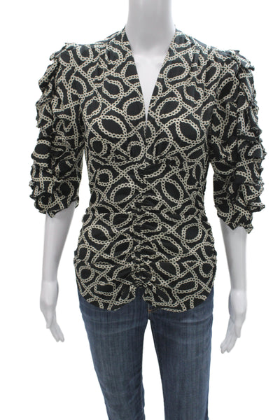 Isabel Marant Womens Blouse Black Geometric V-Neck 3/4 Sleeve Cotton Size 38