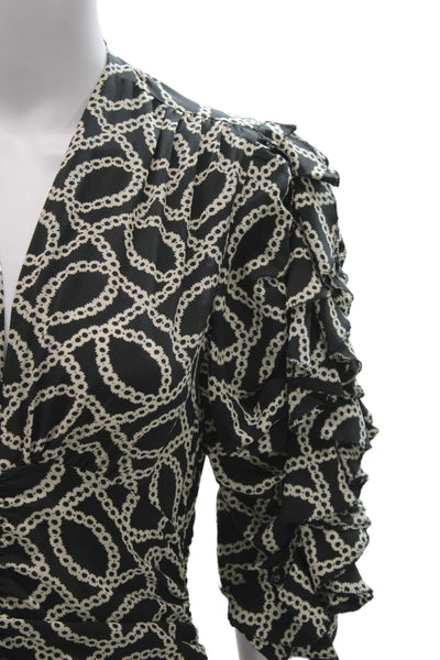 Isabel Marant Womens Blouse Black Geometric V-Neck 3/4 Sleeve Cotton Size 38