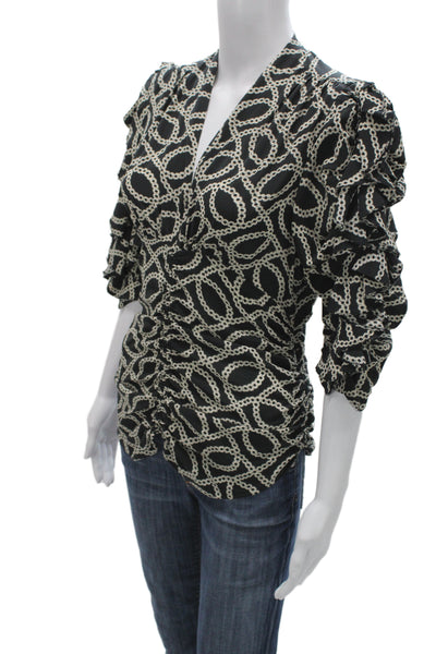 Isabel Marant Womens Blouse Black Geometric V-Neck 3/4 Sleeve Cotton Size 38