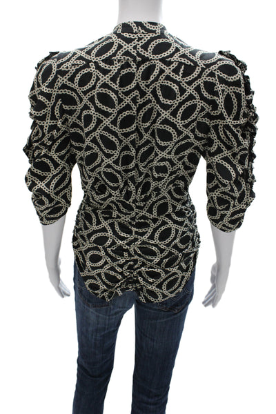 Isabel Marant Womens Blouse Black Geometric V-Neck 3/4 Sleeve Cotton Size 38