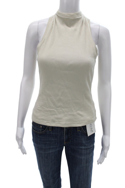 R+A Women Designer Striped Cotton Mock Neck Sleeveless Zip Tank Beige Size XS