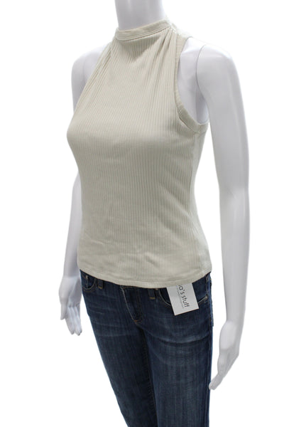 R+A Women Designer Striped Cotton Mock Neck Sleeveless Zip Tank Beige Size XS