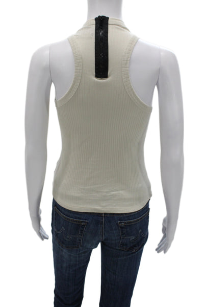 R+A Women Designer Striped Cotton Mock Neck Sleeveless Zip Tank Beige Size XS