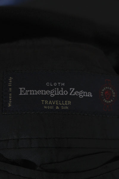 Ermenegildo Zegna Mens Black Striped Wool Silk Suit Jacket Button Size 48
