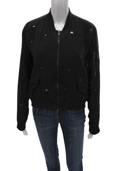 Rails Womens Bomber Jacket Black Cupro Stars Zip Crew Neck Long Sleeve Size S