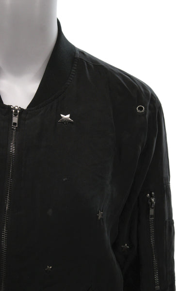 Rails Womens Bomber Jacket Black Cupro Stars Zip Crew Neck Long Sleeve Size S