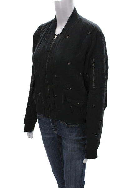 Rails Womens Bomber Jacket Black Cupro Stars Zip Crew Neck Long Sleeve Size S