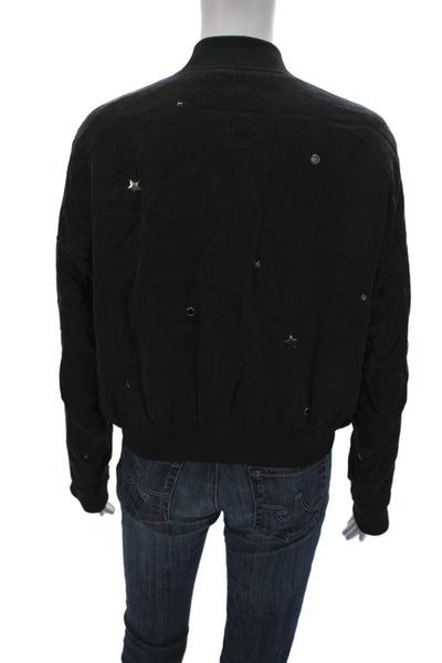 Rails Womens Bomber Jacket Black Cupro Stars Zip Crew Neck Long Sleeve Size S