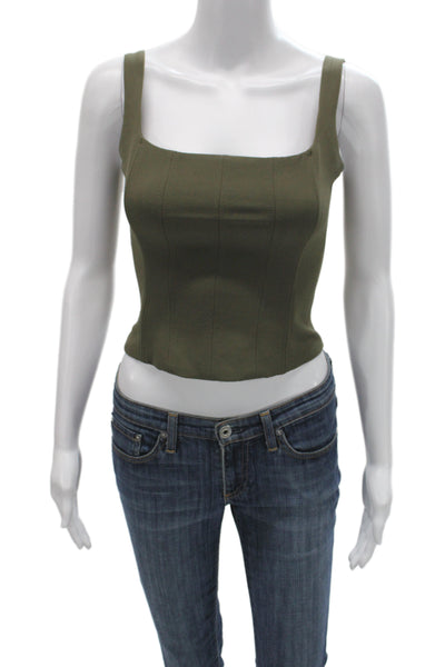 Zara Women Cropped Sleeveless Tank Square Neck Zip Cotton Green Army Size XS