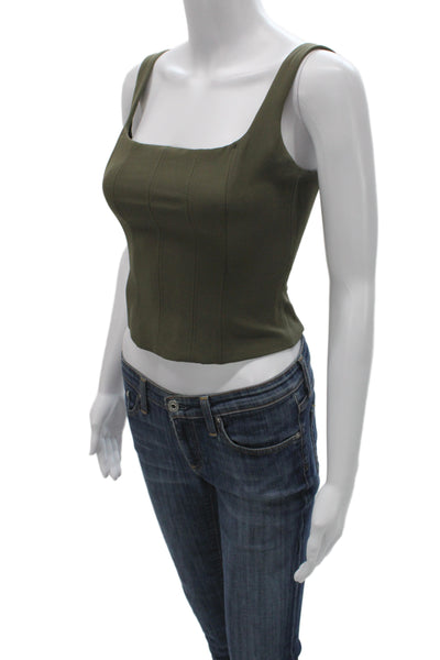 Zara Women Cropped Sleeveless Tank Square Neck Zip Cotton Green Army Size XS