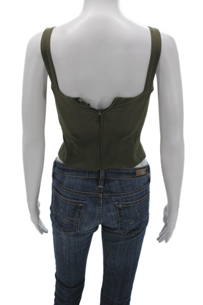 Zara Women Cropped Sleeveless Tank Square Neck Zip Cotton Green Army Size XS