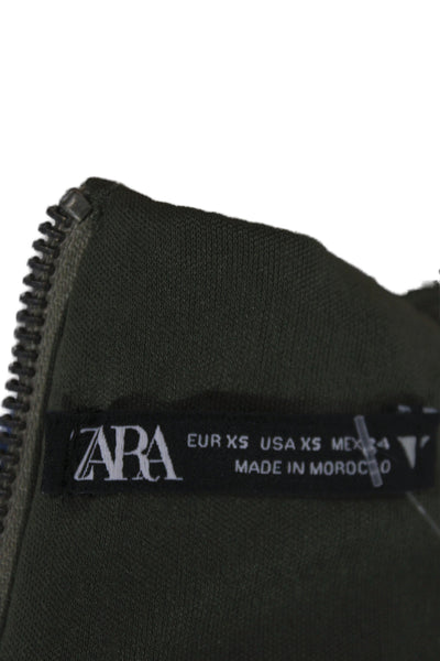 Zara Women Cropped Sleeveless Tank Square Neck Zip Cotton Green Army Size XS