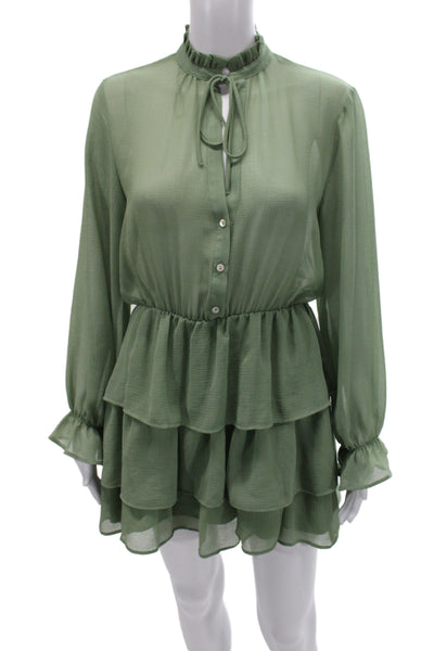 Zara Women Blouson Shirt Dress Green Long Sleeve High Neck Polyester Size S