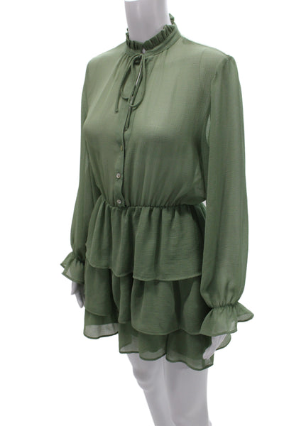 Zara Women Blouson Shirt Dress Green Long Sleeve High Neck Polyester Size S