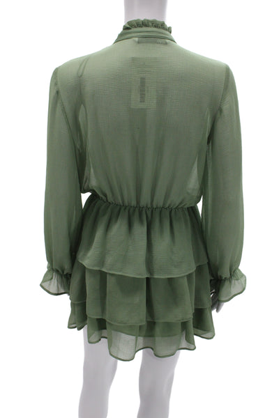 Zara Women Blouson Shirt Dress Green Long Sleeve High Neck Polyester Size S